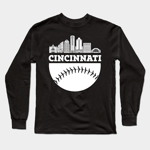 Cincinnati OH Baseball Skyline  Vintage Retro print Long Sleeve T-Shirt by Bluebird Moon